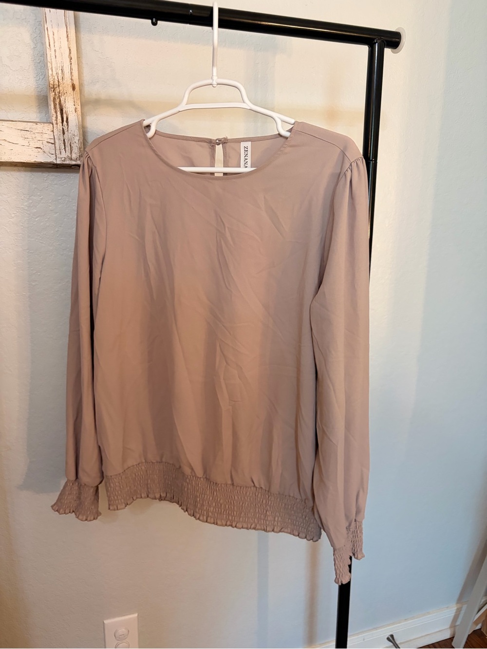Zenana Outfitters Light Taupe Long Sleeve Smocked Hem Blouse